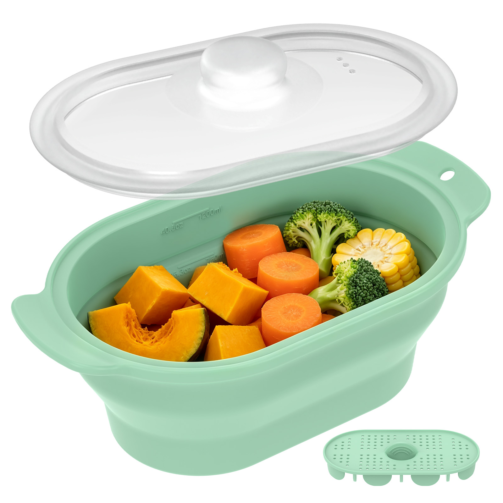 Meal Prep Frozen - Silikon-Mikrowellen-Gemüse-Dämpfer mit Dampfgitter und Deckel, Zusammenklappbarer