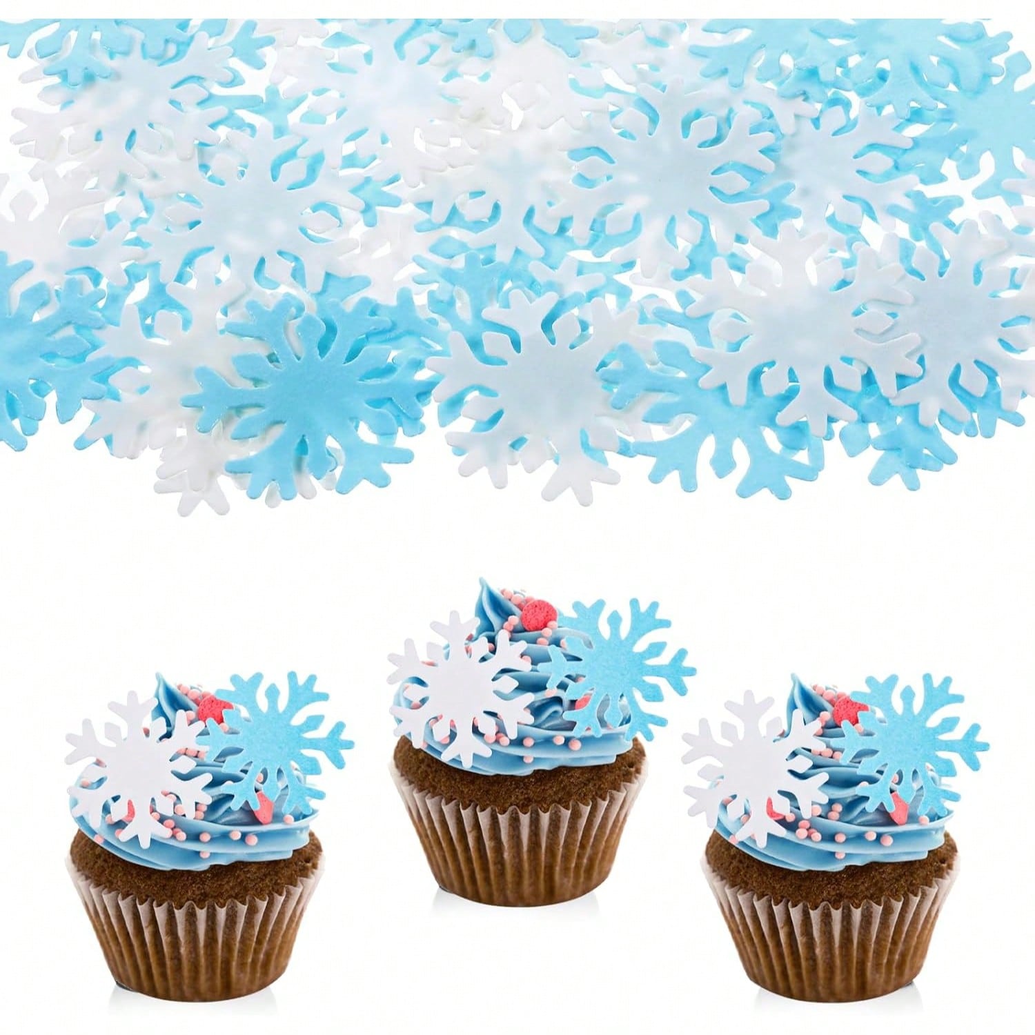 Meal Prep Frozen - 50 Stück blau-weiße Cupcake-Topper, Kuchen-Schneeflocken, Kuchendekoration,